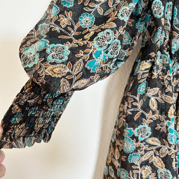 Misa Los Angeles Dress XS Black Blue Floral Mini Puff Sleeve Chiffon Boho - Picture 10 of 12